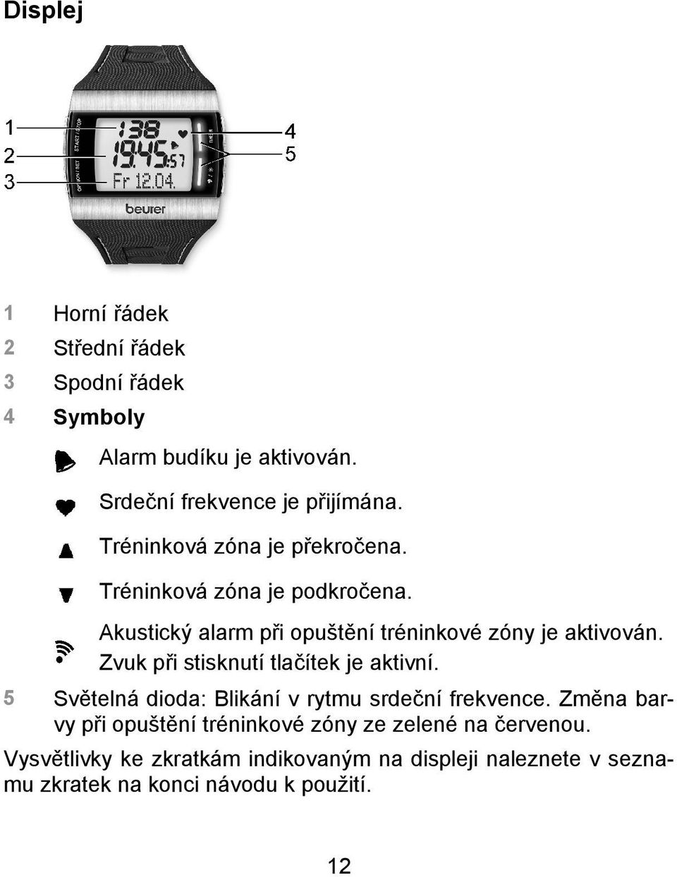 Zvuk při stisknutí tlačítek je aktivní. 5 Světelná dioda: Blikání v rytmu srdeční frekvence.