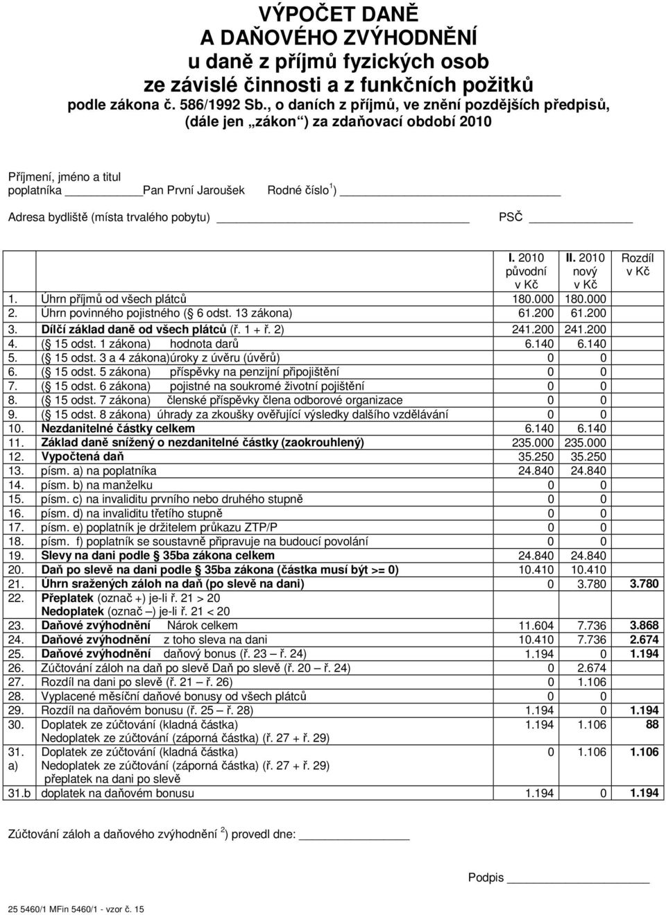 pobytu) PSČ I. 21 původní v Kč II. 21 nový v Kč 1. Úhrn příjmů od všech plátců 18. 18. 2. Úhrn povinného pojistného ( 6 odst. 13 zákona) 61.2 61.2 3. Dílčí základ daně od všech plátců (ř. 1 + ř.