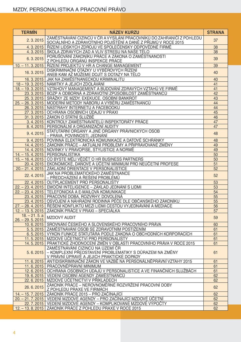 4. 3. 2015 ŘÍZENÍ LIDSKÝCH ZDROJŮ VE SPOLEČENSKY ODPOVĚDNÉ FIRMĚ 38 4. 3. 2015 ŠKOLA ZDRAVÝCH ZAD A VLIV STRESU NA NAŠE TĚLO 38 6. 3. 2015 PORUŠOVÁNÍ ZÁKONÍKU PRÁCE A ZÁKONA O ZAMĚSTNANOSTI Z POHLEDU ORGÁNŮ INSPEKCE PRÁCE 39 10.