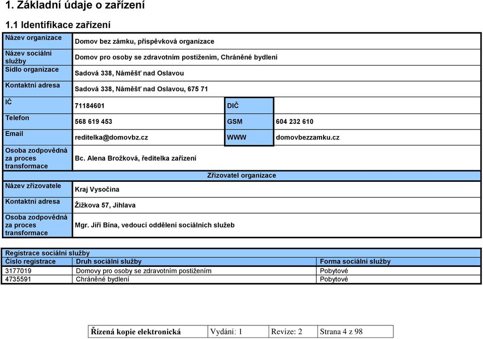 zodpovědná za proces transformace Domov bez zámku, příspěvková organizace Domov pro osoby se zdravotním postižením, Chráněné bydlení Sadová 338, Náměšť nad Oslavou Sadová 338, Náměšť nad Oslavou, 675