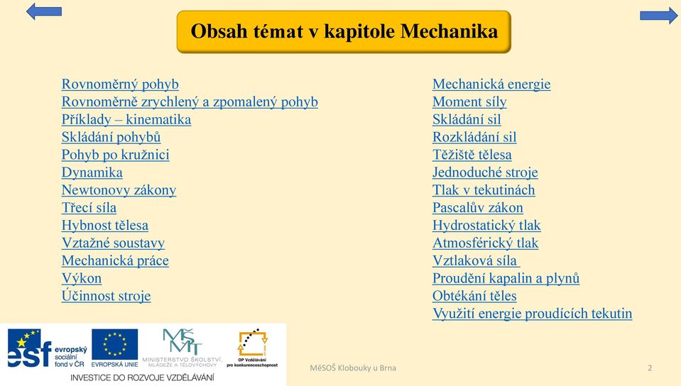 energie Moment síly Skládání sil Rozkládání sil Těžiště tělesa Jednoduché stroje Tlak v tekutinách Pascalův zákon Hydrostatický