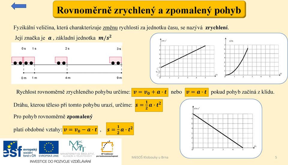 Její značka je a, základní jednotka m/s 2 Rychlost rovnoměrně zrychleného pohybu určíme: v = v 0 + a t nebo v =