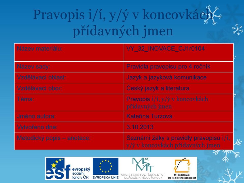 ročník Jazyk a jazyková komunikace Český jazyk a literatura Pravopis i/í, y/ý v koncovkách přídavných jmen