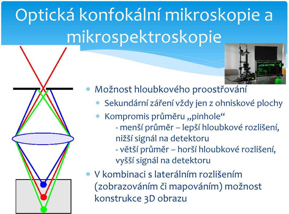 detektoru - větší průměr horší hloubkové rozlišení, vyšší signál na detektoru V