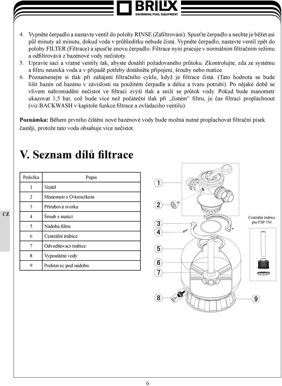 Upravte sací a vratné ventily tak, abyste dosáhli požadovaného průtoku. Zkontrolujte, zda ze systému a filtru neuniká voda a v případě potřeby dotáhněte připojení, šrouby nebo matice. 6.