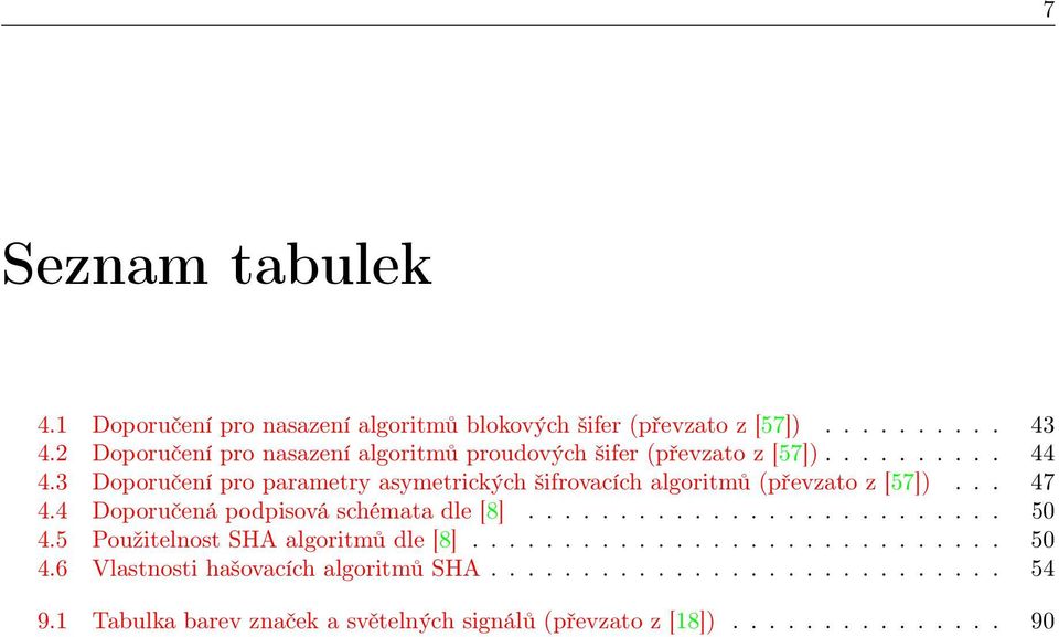 3 Doporučení pro parametry asymetrických šifrovacích algoritmů (převzato z [57])... 47 4.4 Doporučená podpisová schémata dle [8].......................... 50 4.