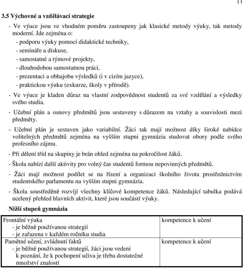 - praktickou výuku (exkurze, školy v přírodě). - Ve výuce je kladen důraz na vlastní zodpovědnost studentů za své vzdělání a výsledky svého studia.