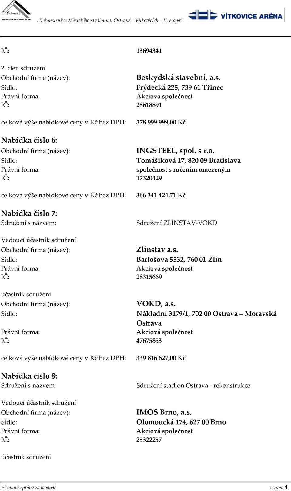 . s r.o. Tomášiková 17, 820 09 Bratislava společnost s ručením omezeným IČ: 17320429 Nabídka číslo 7: 366 341 424,71 Kč Sdružení ZLÍNSTAV-VOKD Zlínstav a.