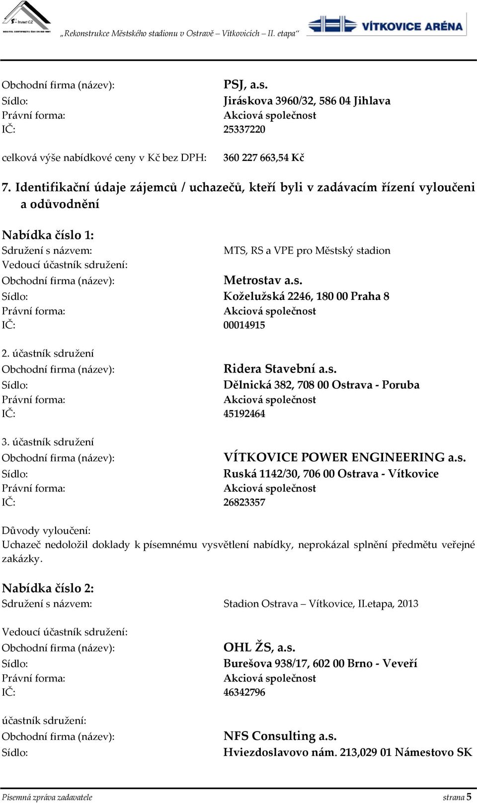 účastník sdružení IČ: 45192464 3. účastník sdružení IČ: 26823357 Ridera Stavební a.s. Dělnická 382, 708 00 Ostrava - Poruba VÍTKOVICE POWER ENGINEERING a.s. Ruská 1142/30, 706 00 Ostrava - Vítkovice Uchazeč nedoložil doklady k písemnému vysvětlení nabídky, neprokázal splnění předmětu veřejné zakázky.