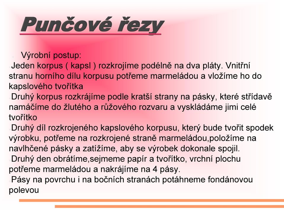 namáčíme do žlutého a růžového rozvaru a vyskládáme jimi celé tvořítko Druhý díl rozkrojeného kapslového korpusu, který bude tvořit spodek výrobku, potřeme na