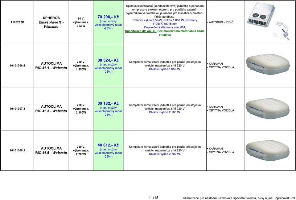: Bez montážního materiálu a hadic chladiva AUTOBUS - ŘIDIČ 10101006.4 RIO 46.1-220 V, 1 650W 38 324,- Kč Kompaktní klimatizační jednotka pro pouţití při stojícím vozidle, napájení ze sítě 220 V.