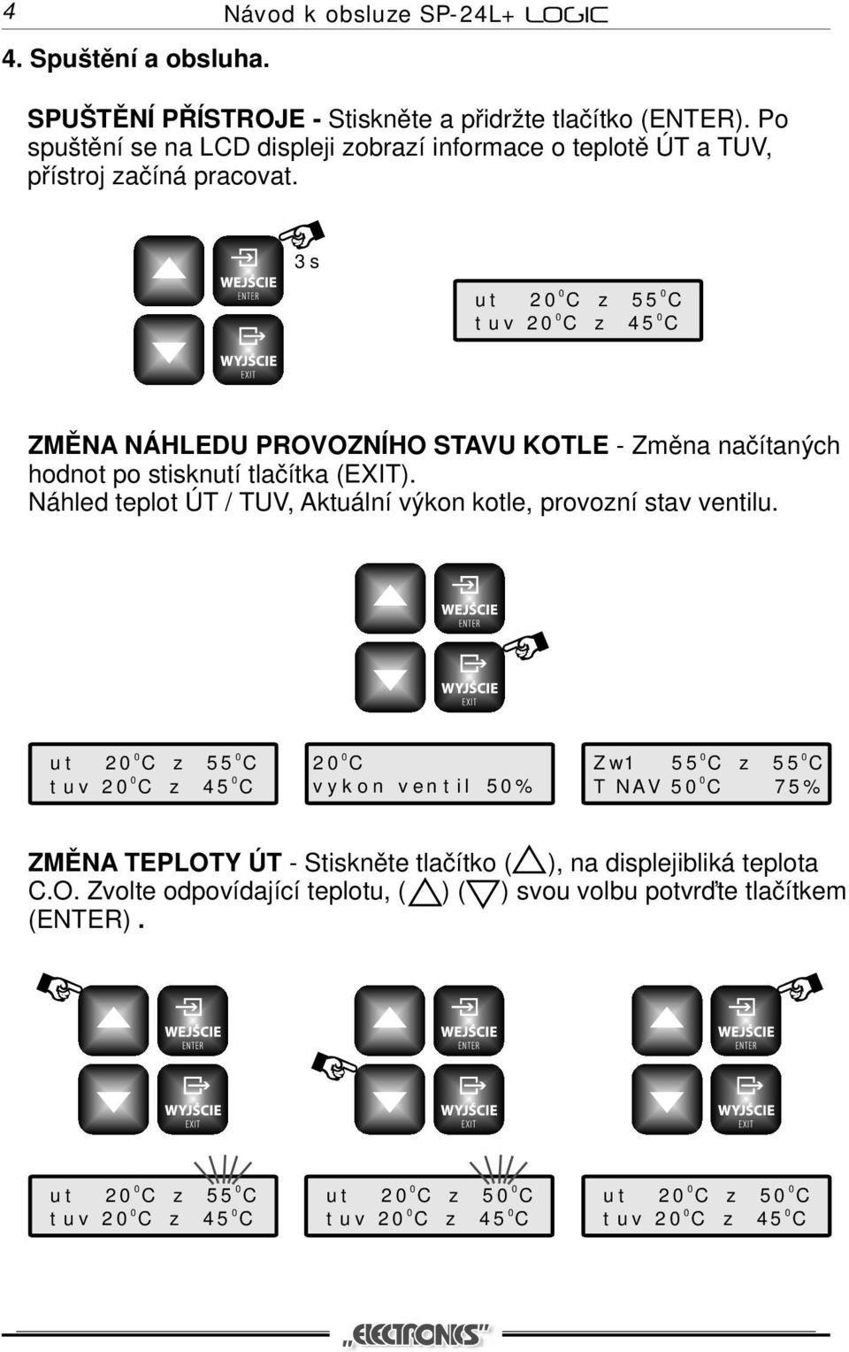 3 s ut 2 C z 55 C tuv 2 C z 45 C ZMĚNA NÁHLEDU PROVOZNÍHO STAVU KOTLE - Změna načítaných hodnot po stisknutí tlačítka (EXIT).