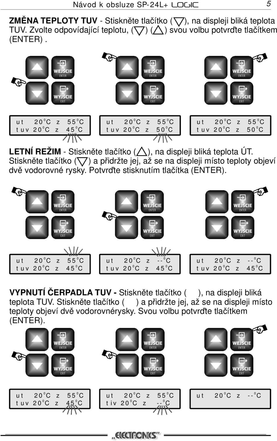 Stiskněte tlačítko ( ) a přidržte jej, až se na displeji místo teploty objeví dvě vodorovné rysky. Potvrďte stisknutím tlačítka (ENTER).