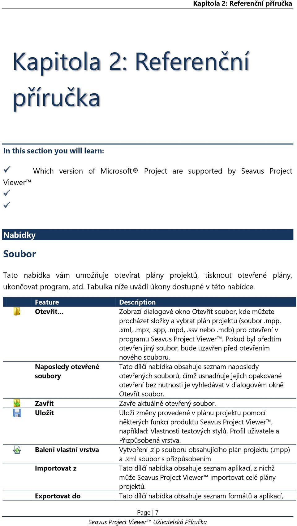 Feature Otevřít Naposledy otevřené soubory Zavřít Uložit Balení vlastní vrstva Importovat z Exportovat do Description Zobrazí dialogové okno Otevřít soubor, kde můžete procházet složky a vybrat plán