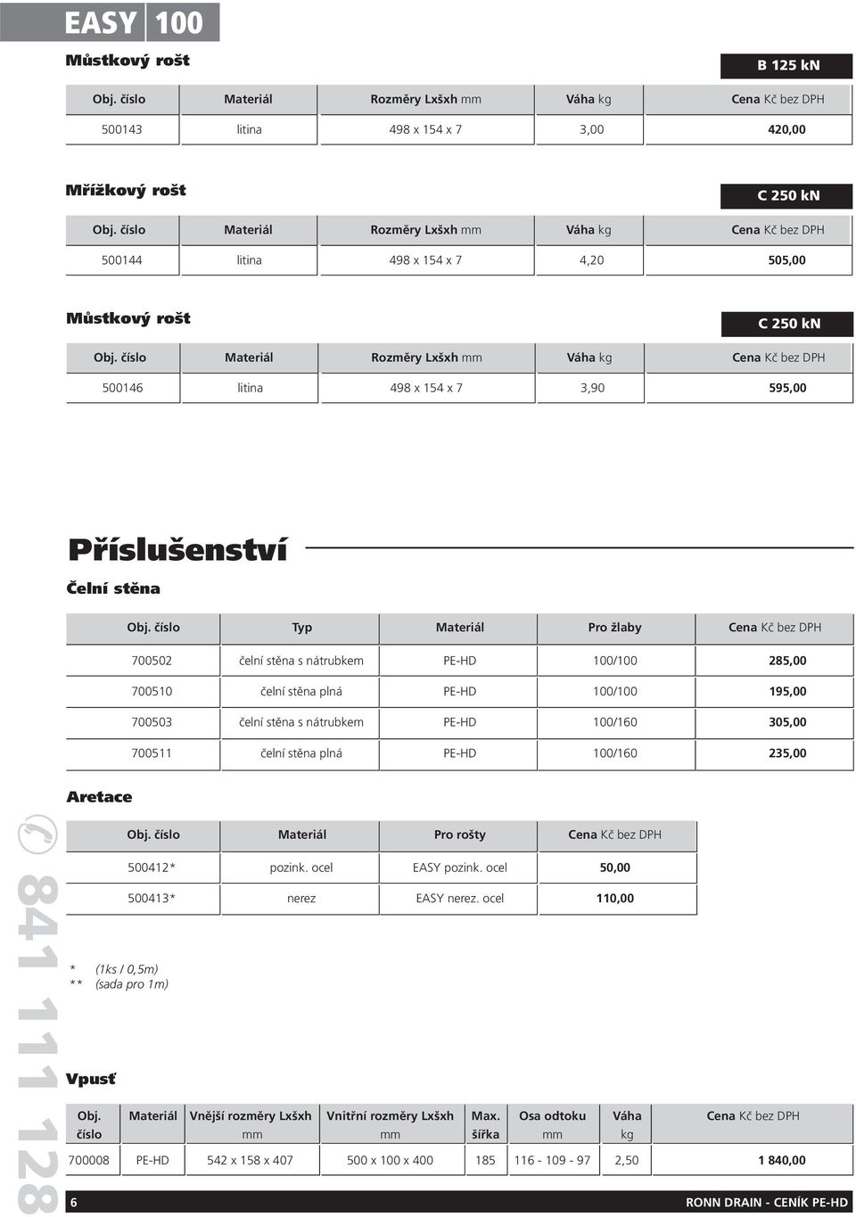 700511 čelní stěna plná PE-HD 100/160 235,00 841 111 128 Aretace * (1ks / 0,5m) ** (sada pro 1m) Vpusť Obj. číslo Materiál Pro rošty Cena Kč bez DPH 500412* pozink. ocel EASY pozink.