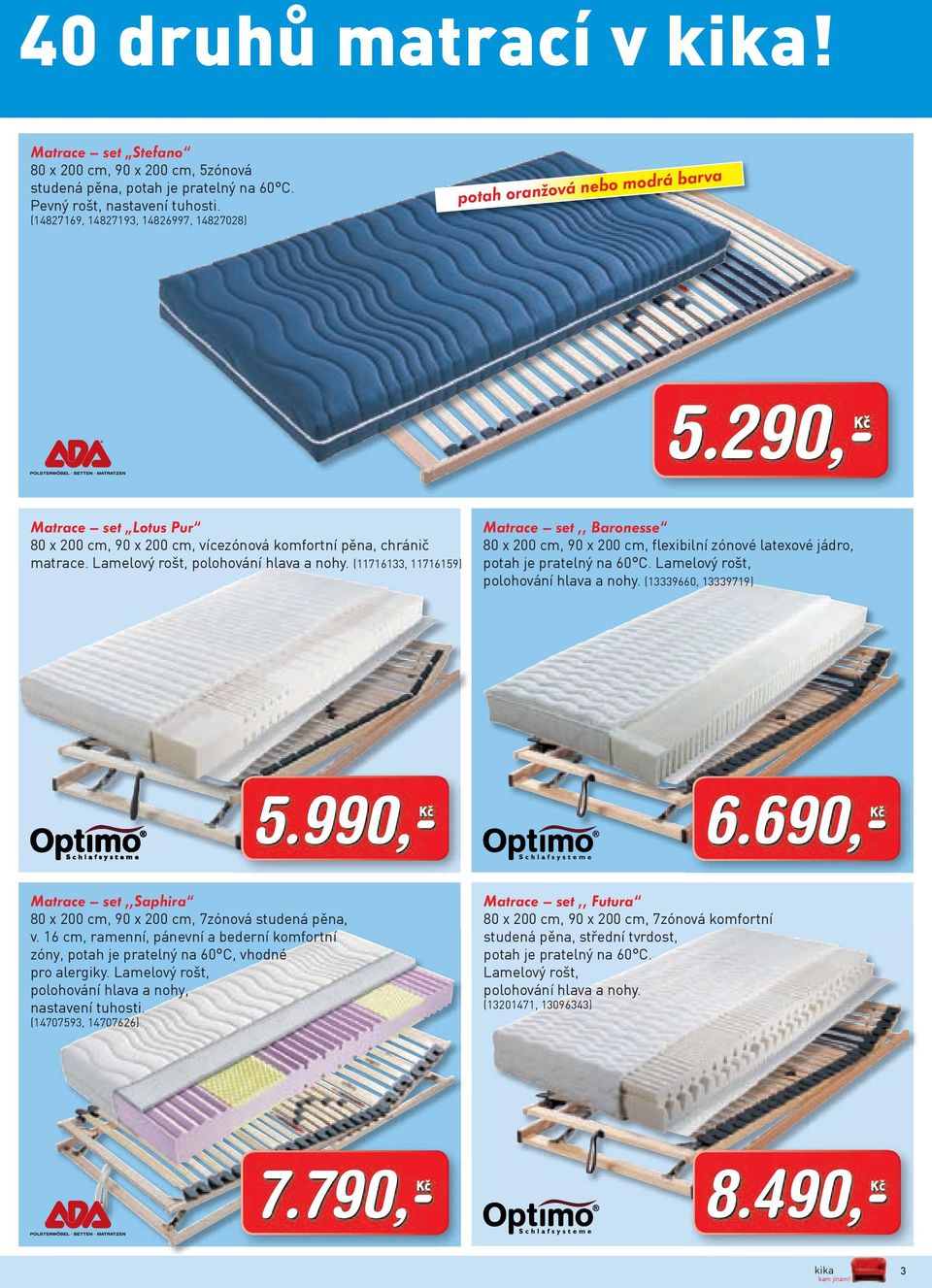 Lamelový rošt, polohování hlava a nohy. (11716133, 11716159) Matrace set,, Baronesse 80 x 200 cm, 90 x 200 cm, flexibilní zónové latexové jádro, potah je pratelný na 60 C.