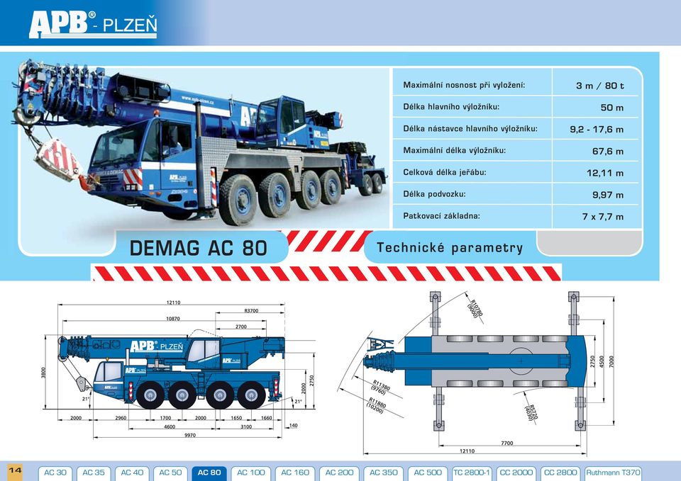 t 50 m 9,2-17,6 m 67,6 m 12,11 m 9,97 m 7 x 7,7 m DEMAG AC 80 Technické parametry 14 AC 30 AC