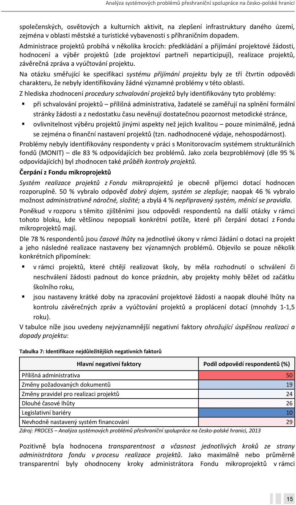 a vyúčtování projektu. Na otázku směřující ke specifikaci systému přijímání projektu byly ze tří čtvrtin odpovědi charakteru, že nebyly identifikovány žádné významné problémy v této oblasti.