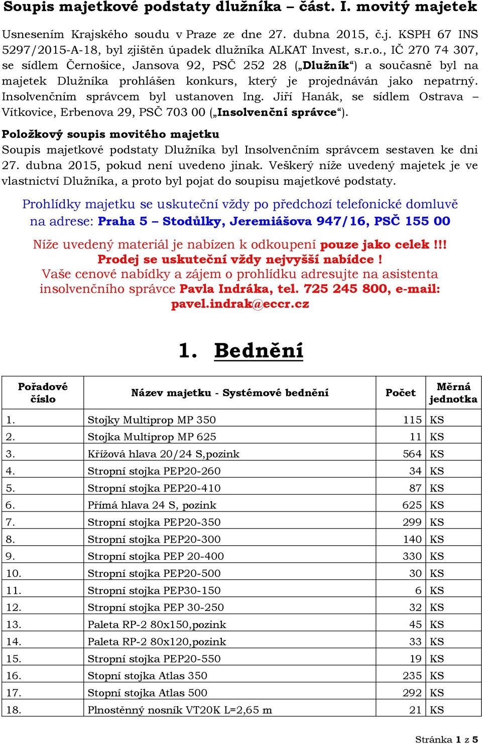 Položkový soupis movitého majetku Soupis majetkové podstaty Dlužníka byl Insolvenčním správcem sestaven ke dni 27. dubna 2015, pokud není uvedeno jinak.