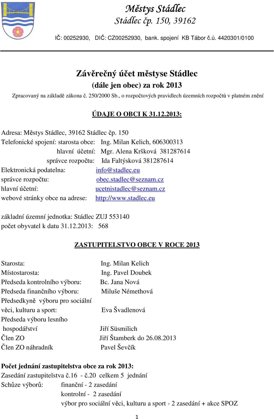 Milan Kelich, 606300313 hlavní účetní: Mgr. Alena Kršková 381287614 správce rozpočtu: Ida Faltýsková 381287614 Elektronická podatelna: info@stadlec.eu správce rozpočtu: obec.stadlec@seznam.