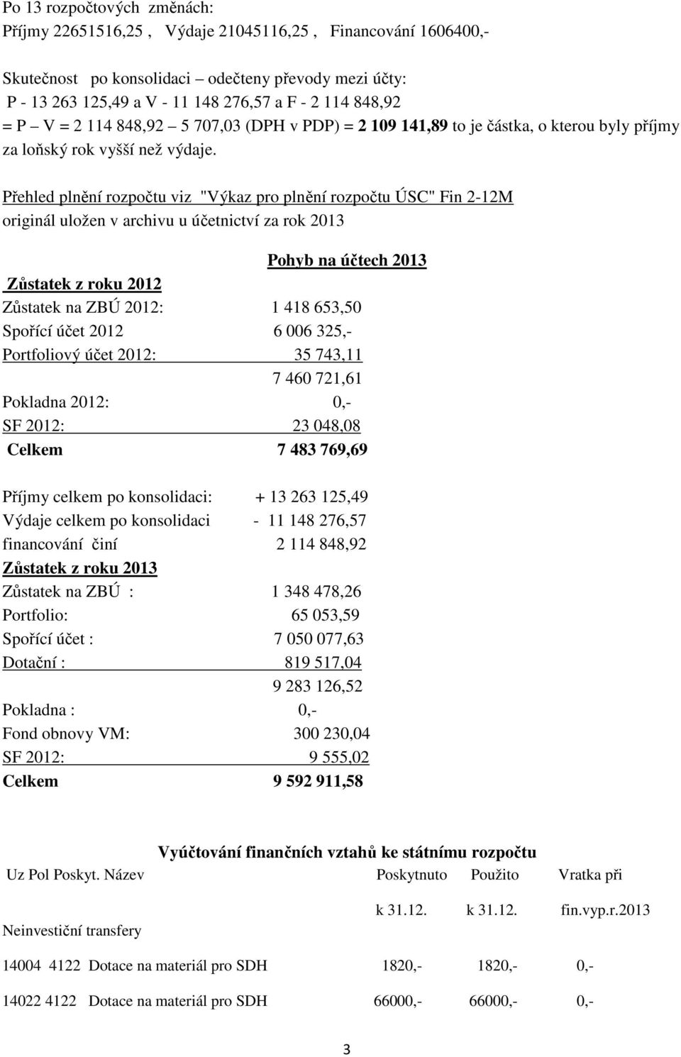 Přehled plnění rozpočtu viz "Výkaz pro plnění rozpočtu ÚSC" Fin 2-12M originál uložen v archivu u účetnictví za rok 2013 Pohyb na účtech 2013 Zůstatek z roku 2012 Zůstatek na ZBÚ 2012: 1 418 653,50