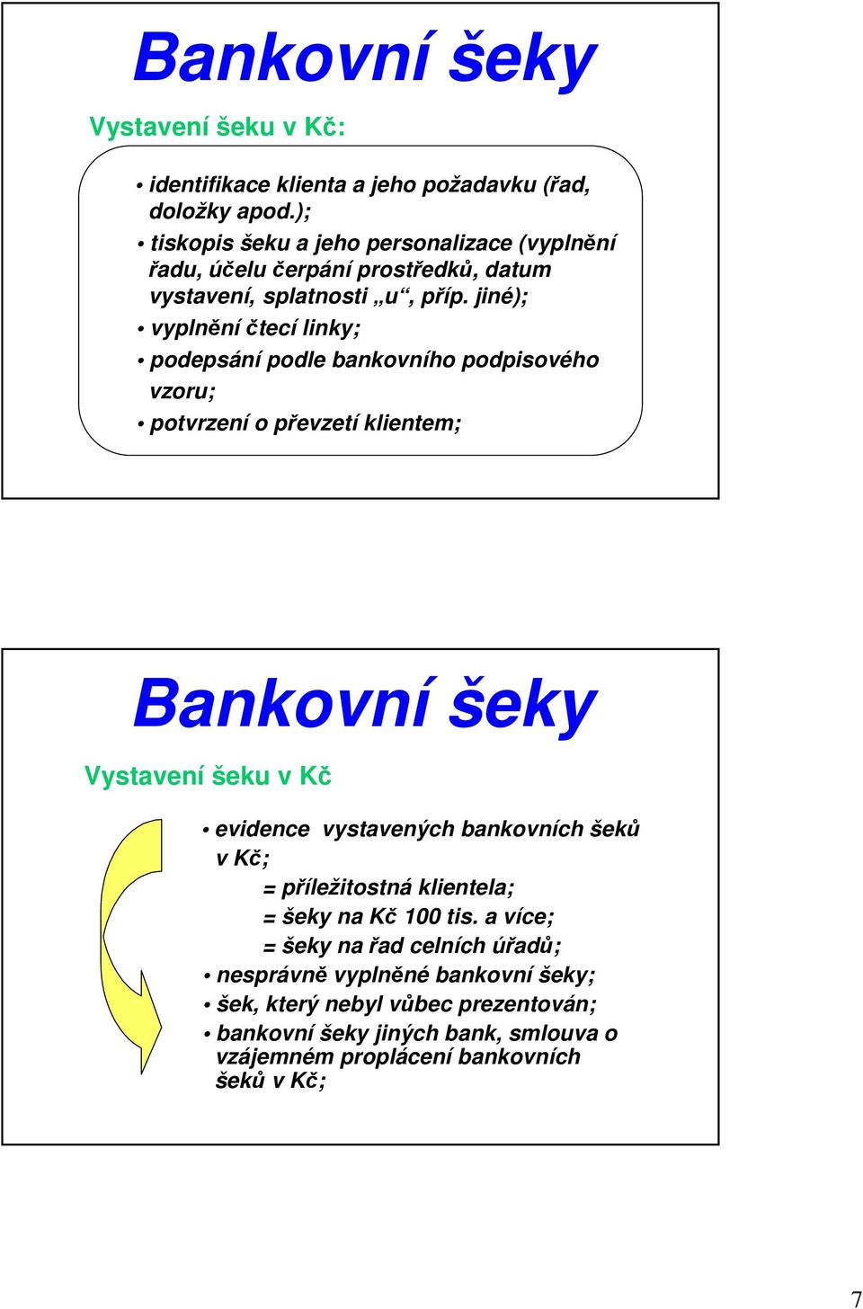 jiné); vyplnění čtecí linky; podepsání podle bankovního podpisového vzoru; potvrzení o převzetí klientem; Bankovní šeky Vystavení šeku v Kč evidence