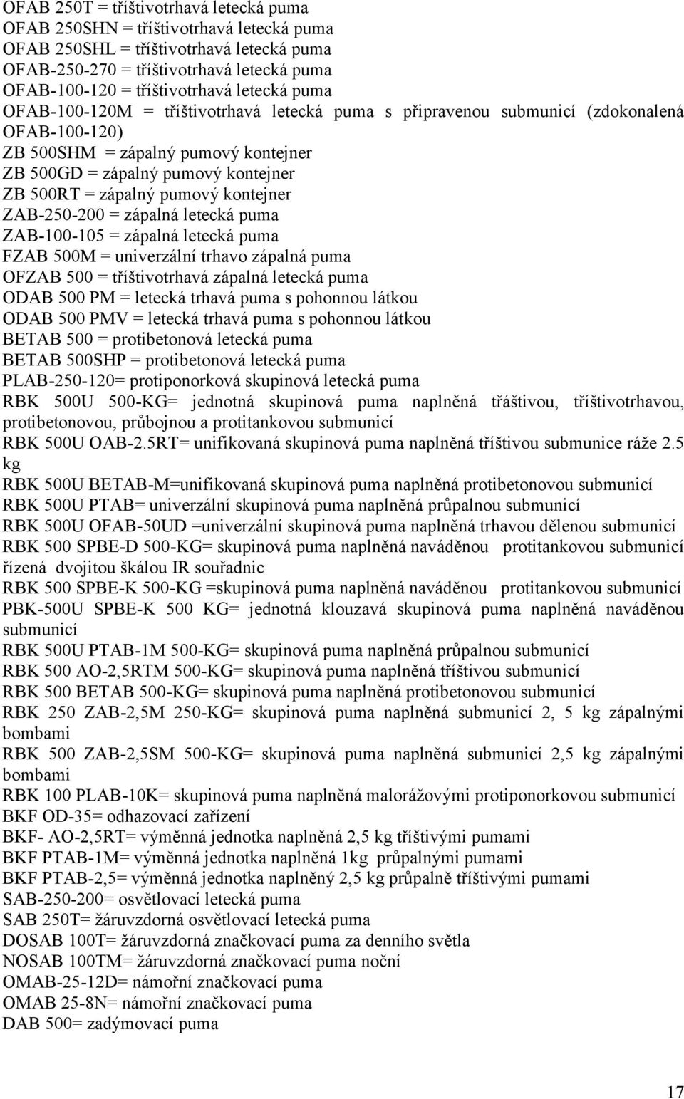 pumový kontejner ZAB-250-200 = zápalná letecká puma ZAB-100-105 = zápalná letecká puma FZAB 500M = univerzální trhavo zápalná puma OFZAB 500 = tříštivotrhavá zápalná letecká puma ODAB 500 PM =