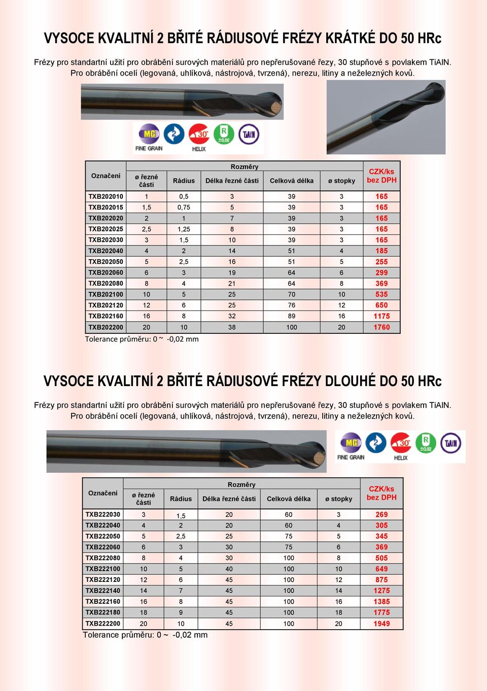 650 TXB202160 16 8 32 89 16 1175 TXB202200 20 10 38 100 20 1760 VYSOCE KVALITNÍ 2 BŘITÉ RÁDIUSOVÉ FRÉZY DLOUHÉ DO 50 HRc Rádius Délka řezné Celková délka ø stopky TXB222030 3 1,5 20 60 3 269