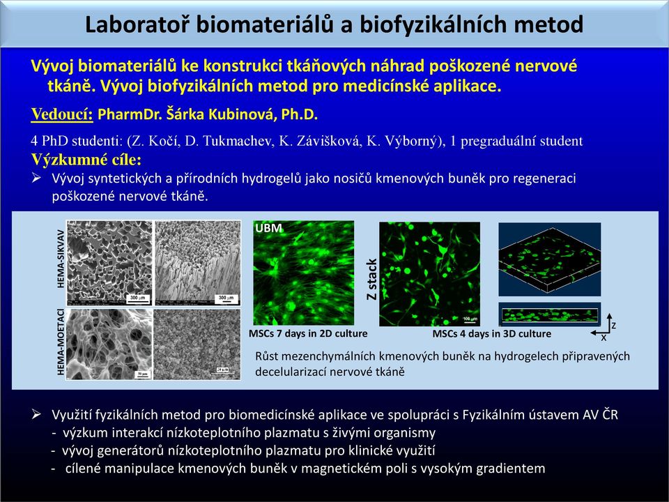 Výborný), 1 pregraduální student Výzkumné cíle: Vývoj syntetických a přírodních hydrogelů jako nosičů kmenových buněk pro regeneraci poškozené nervové tkáně.