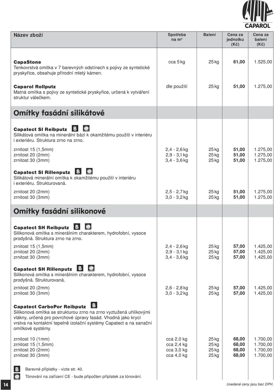 275,00 Omítky fasádní silikátové Capatect SI Reibputz B Silikátová omítka na minerální bázi k okamžitému použití v interiéru i exteriéru. Struktura zrno na zrno.