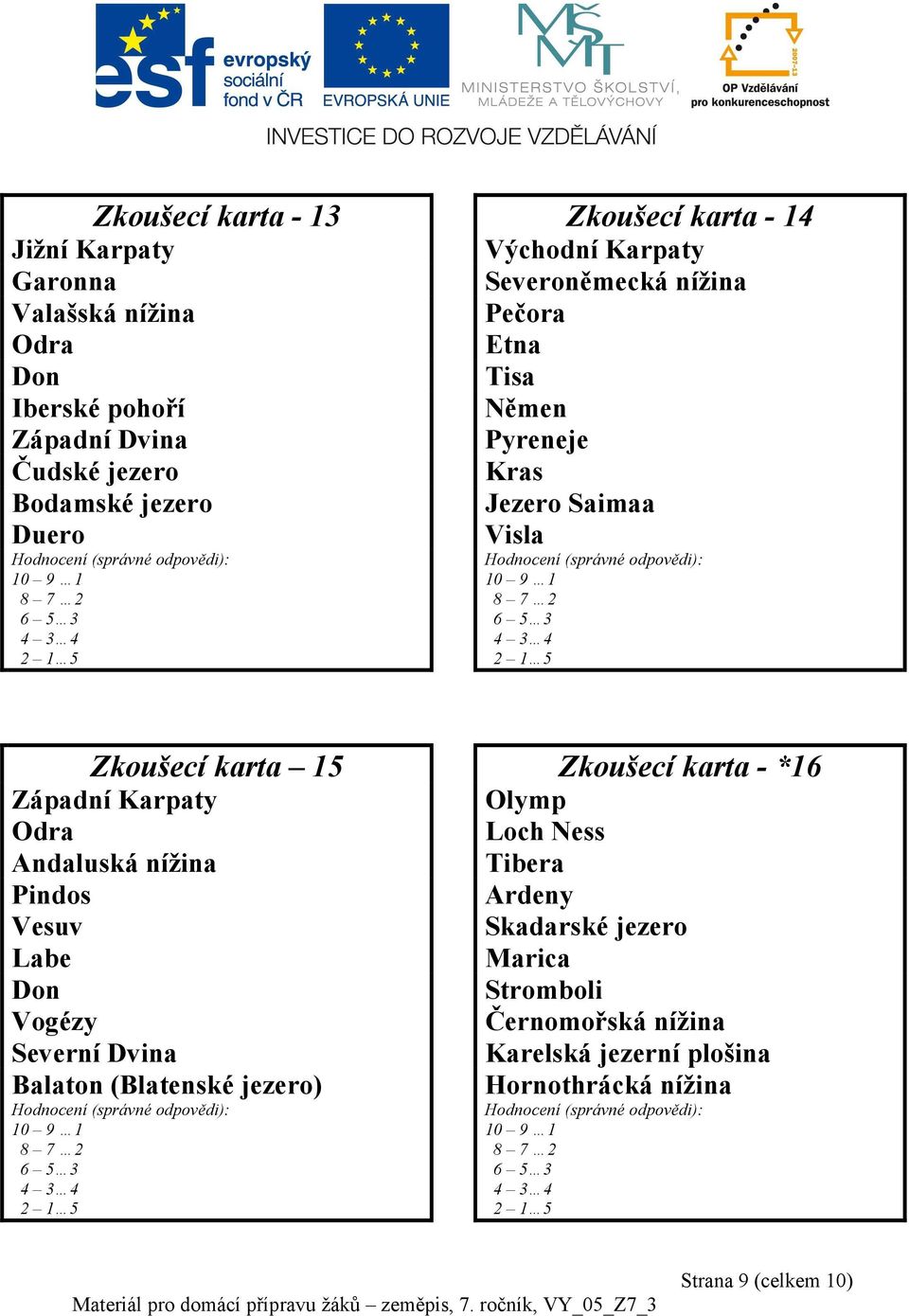 Zkoušecí karta - *16 Západní Karpaty Odra Andaluská nížina Pindos Vesuv Labe Don Vogézy Severní Dvina Balaton (Blatenské jezero) Olymp