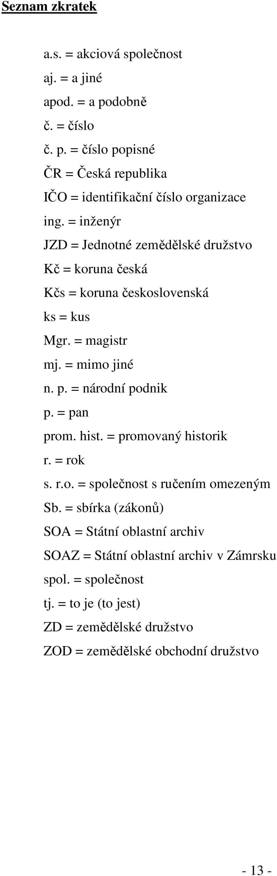 = národní podnik p. = pan prom. hist. = promovaný historik r. = rok s. r.o. = společnost s ručením omezeným Sb.