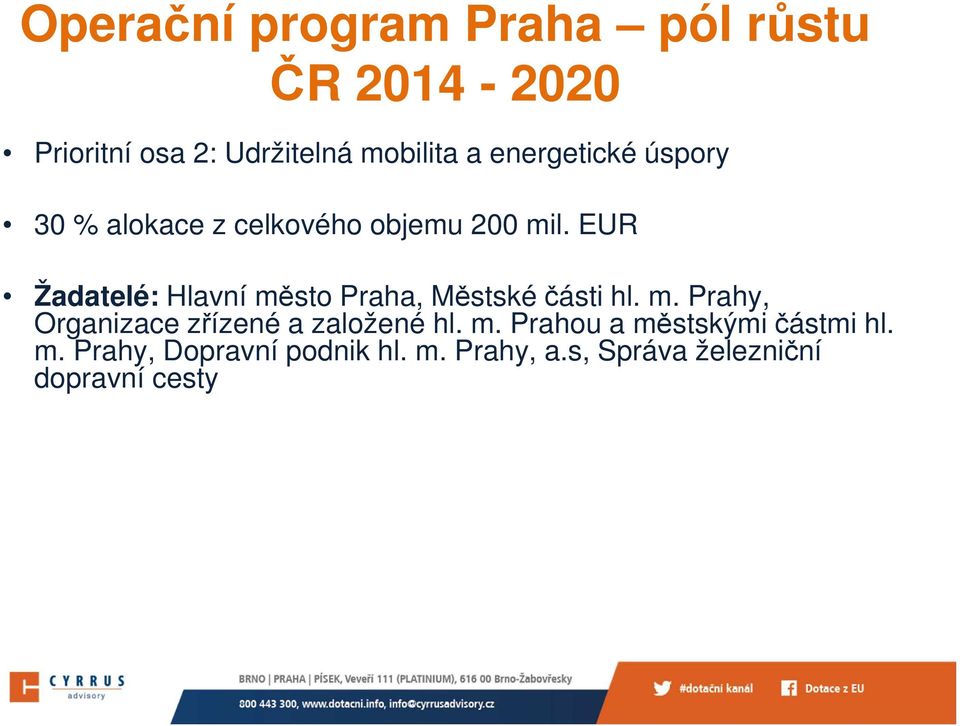 EUR Žadatelé: Hlavní město Praha, Městské části hl. m. Prahy, Organizace zřízené a založené hl.