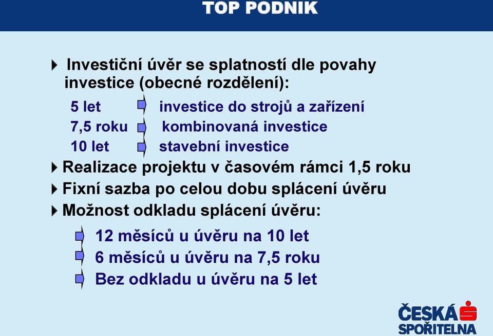 Realizace projektu v časovém rámci 1,5 roku Fixní sazba po celou dobu splácení úvěru Moţnost