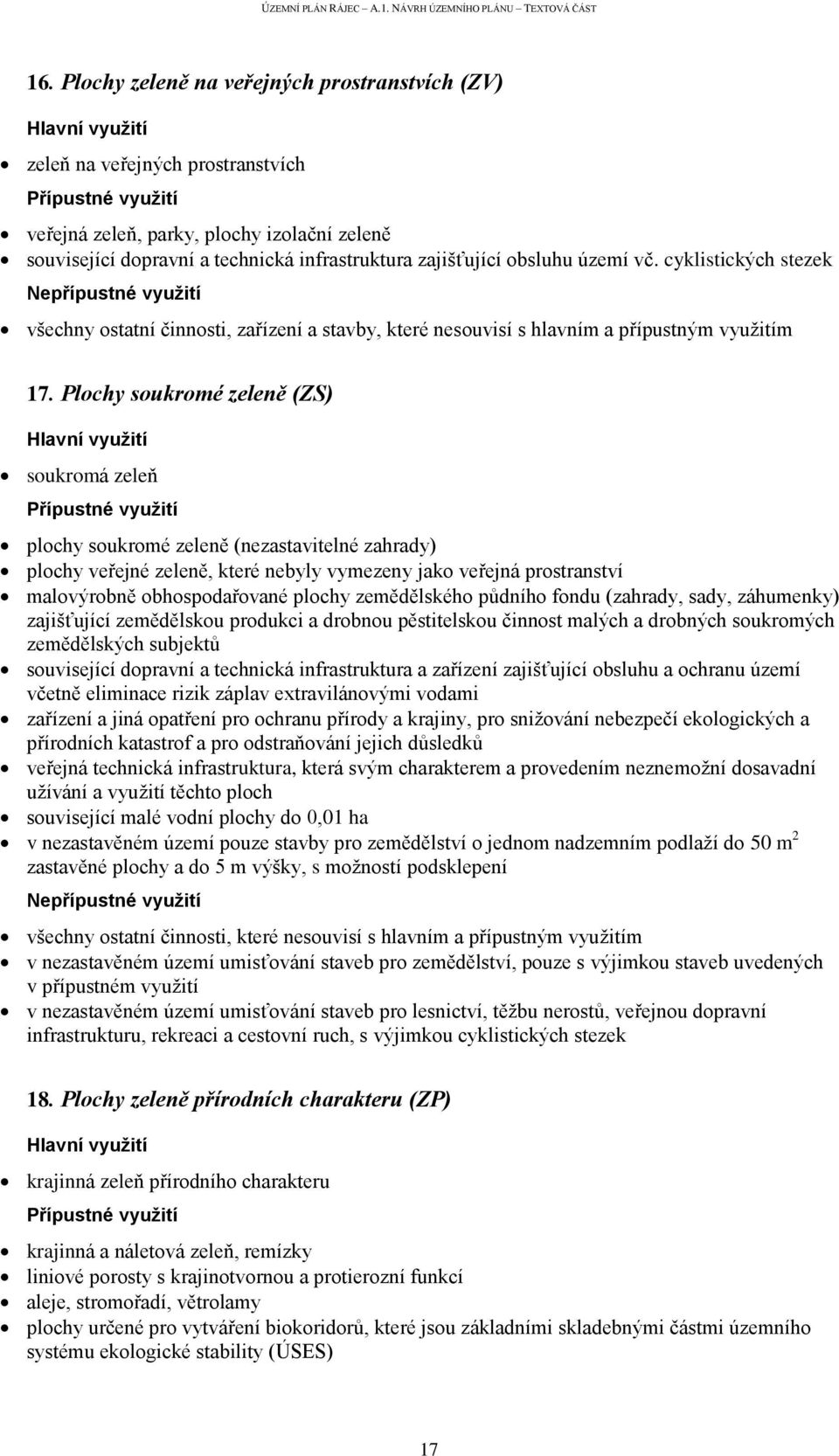 Plochy soukromé zeleně (ZS) soukromá zeleň plochy soukromé zeleně (nezastavitelné zahrady) plochy veřejné zeleně, které nebyly vymezeny jako veřejná prostranství malovýrobně obhospodařované plochy