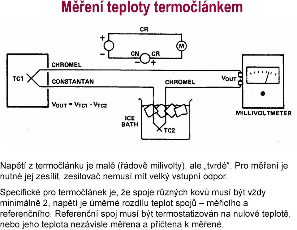 Specifické pro termočlánek je, že spoje různých kovů musí být vždy minimálně 2, napětí je úměrné rozdílu