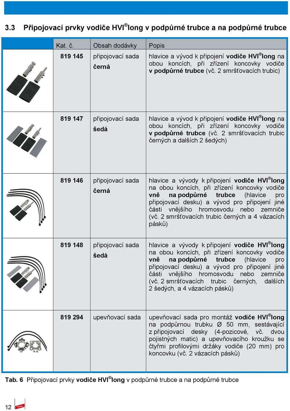 2 smršťovacích trubic) 819 147 připojovací sada šedá hlavice a vývod k připojení vodiče HVI long na obou koncích, při zřízení koncovky vodiče v podpůrné trubce (vč.