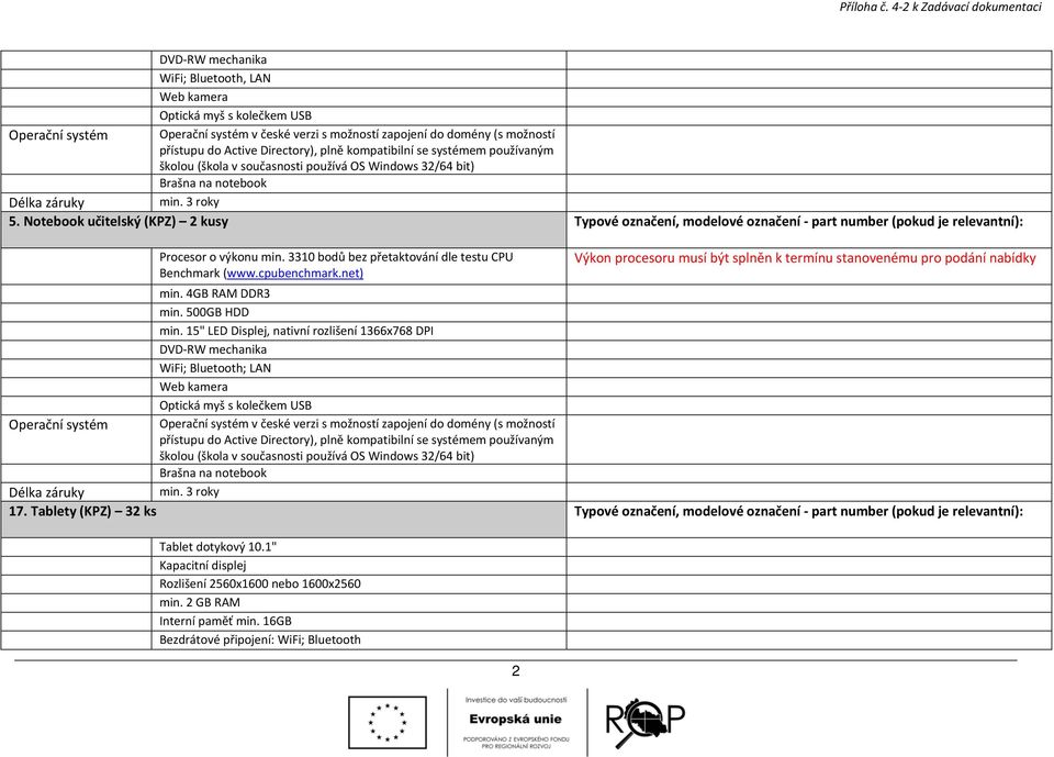 Notebook učitelský (KPZ) 2 kusy Typové označení, modelové označení part number (pokud je relevantní): Procesor o výkonu min.