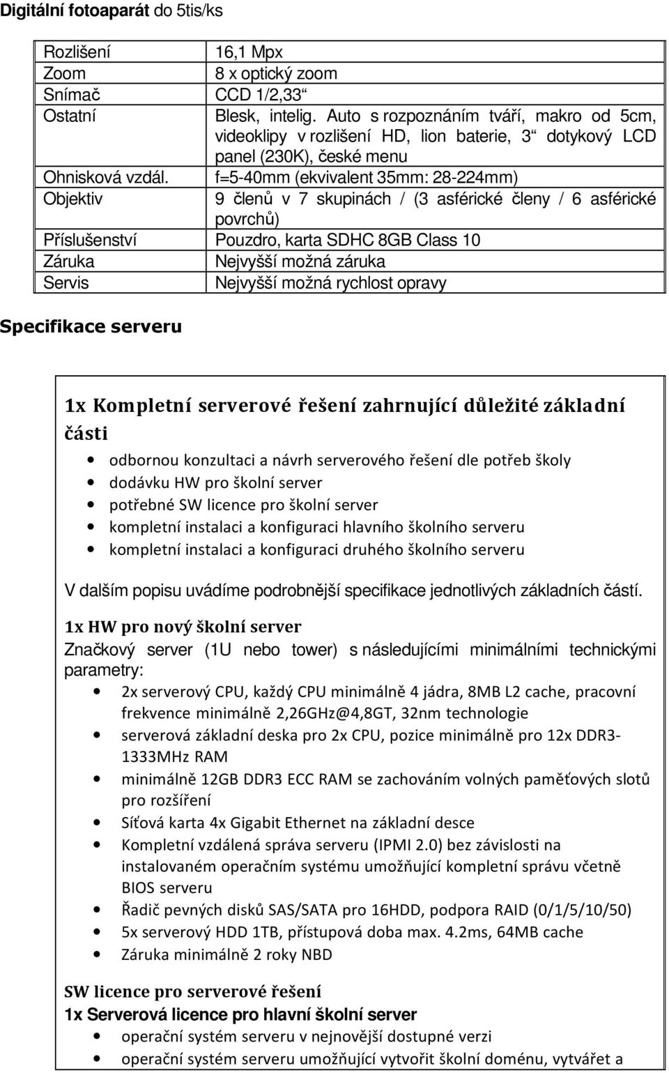 f=5-40mm (ekvivalent 35mm: 28-224mm) Objektiv 9 členů v 7 skupinách / (3 asférické členy / 6 asférické povrchů) Příslušenství Pouzdro, karta SDHC 8GB Class 10 Specifikace serveru 1x Kompletní