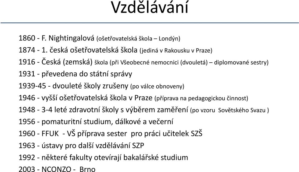 státní správy 1939 45 dvouleté školy zrušeny (po válce obnoveny) 1946 vyšší ošetřovatelská škola v Praze (příprava na pedagogickou činnost) 1948 3 4 leté