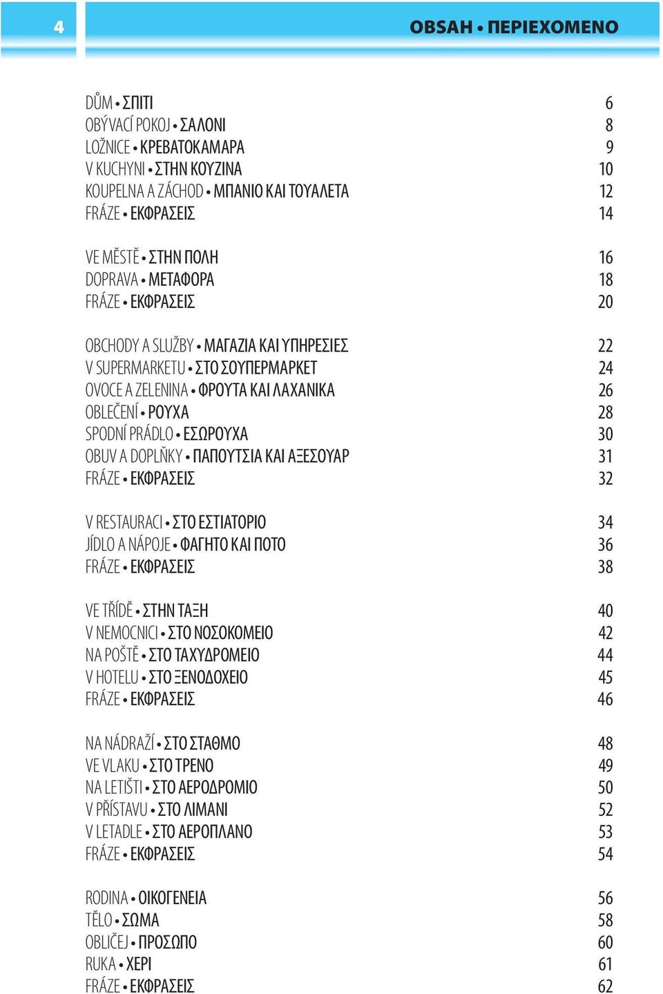 DOPLŇKY ΠΑΠΟΥΤΣΙΑ ΚΑΙ ΑΞΕΣΟΥΑΡ 31 FRÁZE ΕΚΦΡΑΣΕΙΣ 32 V RESTAURACI ΣΤΟ ΕΣΤΙΑΤΟΡΙΟ 34 JÍDLO A NÁPOJE ΦΑΓΗΤΟ ΚΑΙ ΠΟΤO 36 FRÁZE ΕΚΦΡΑΣΕΙΣ 38 VE TŘÍDĚ ΣΤΗΝ ΤΑΞΗ 40 V NEMOCNICI ΣΤΟ ΝΟΣΟΚΟΜΕΙΟ 42 NA POŠTĚ