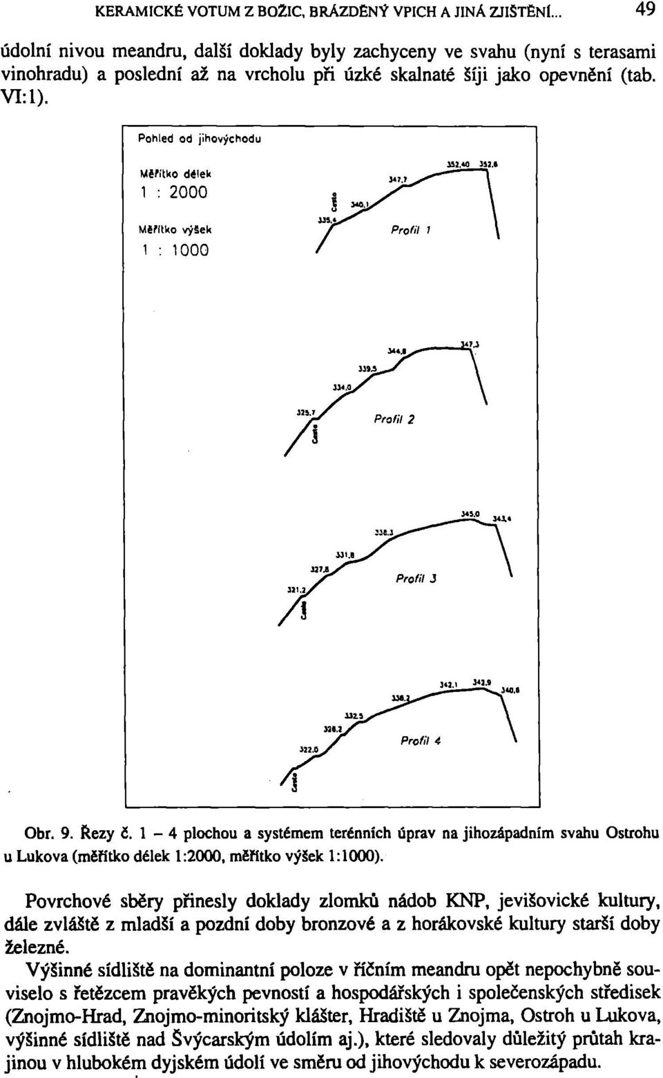 s Obr. 9. Řezy č. 1-4 plochou a systémem terénních úprav na jihozápadním svahu Ostrohu u Lukova (měřítko délek 1:2000, měřítko výšek 1:1000).