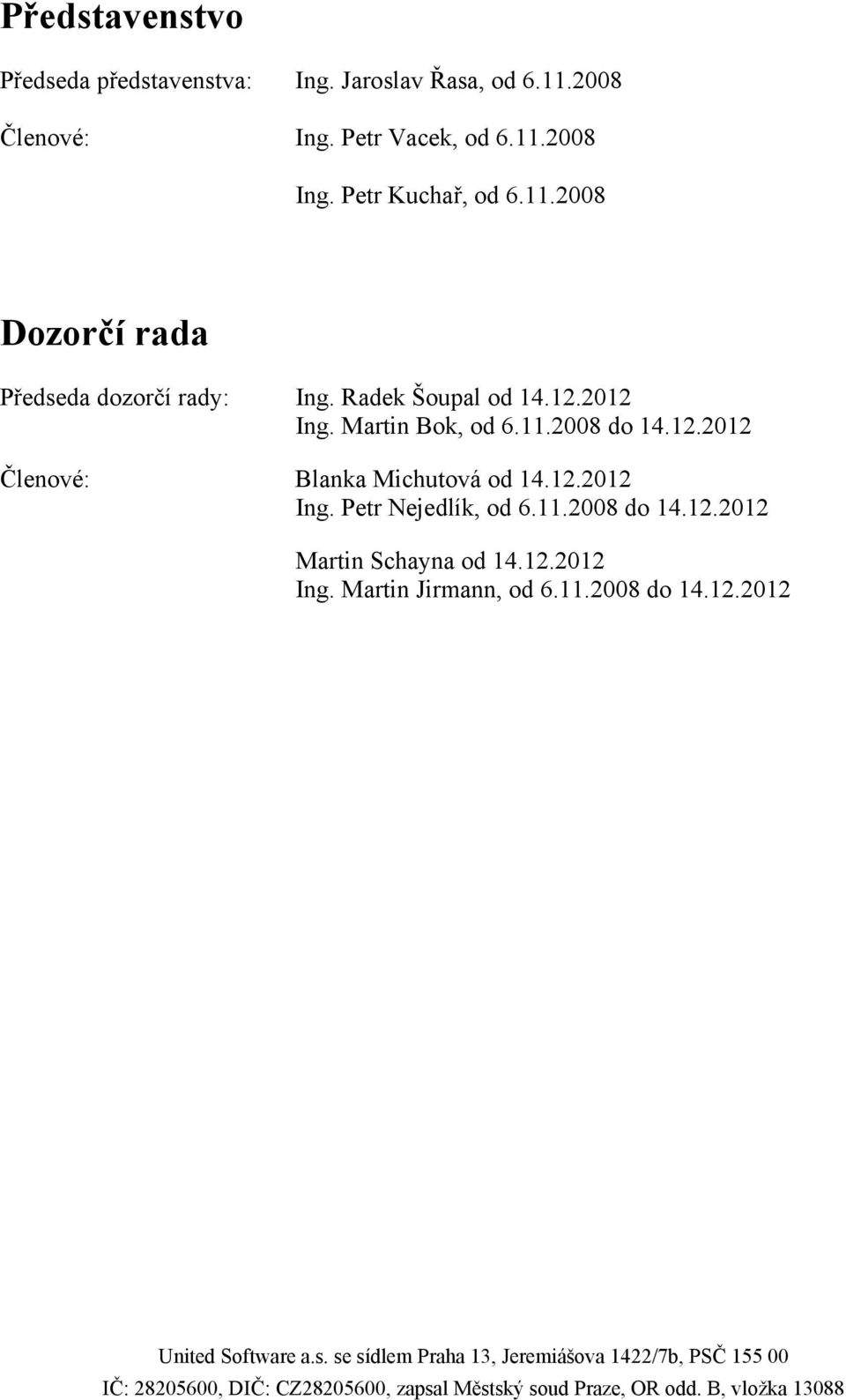 2012 Ing. Martin Bok, od 6.11.2008 do 14.12.2012 Členové: Blanka Michutová od 14.12.2012 Ing. Petr Nejedlík, od 6.