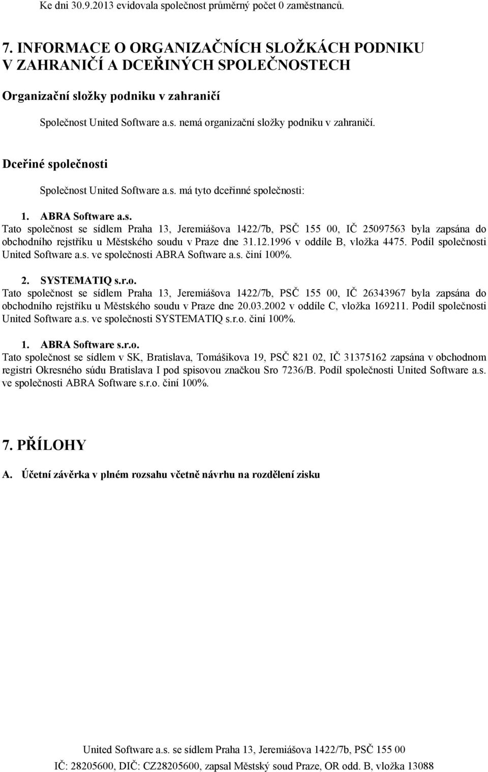 Dceřiné společnosti Společnost United Software a.s. má tyto dceřinné společnosti: 1. ABRA Software a.s. Tato společnost se sídlem Praha 13, Jeremiášova 1422/7b, PSČ 155 00, IČ 25097563 byla zapsána do obchodního rejstříku u Městského soudu v Praze dne 31.