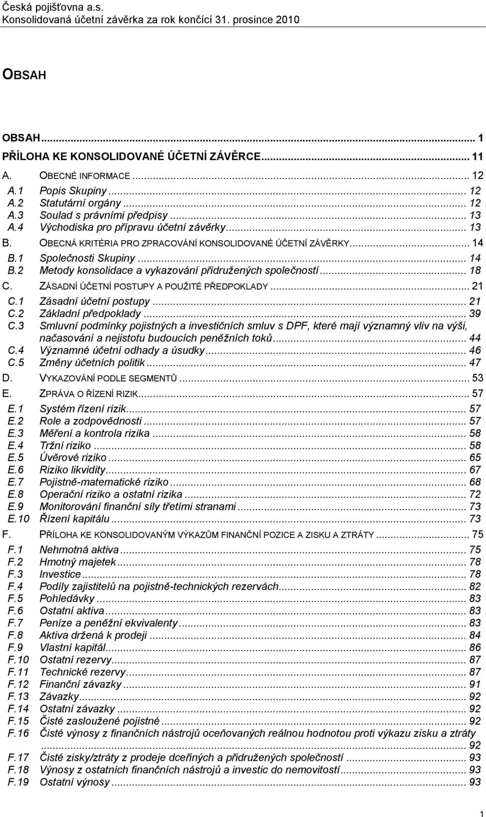 .. 18 C. ZÁSADNÍ ÚČETNÍ POSTUPY A POUŢITÉ PŘEDPOKLADY... 21 C.1 Zásadní účetní postupy... 21 C.2 Základní předpoklady... 39 C.