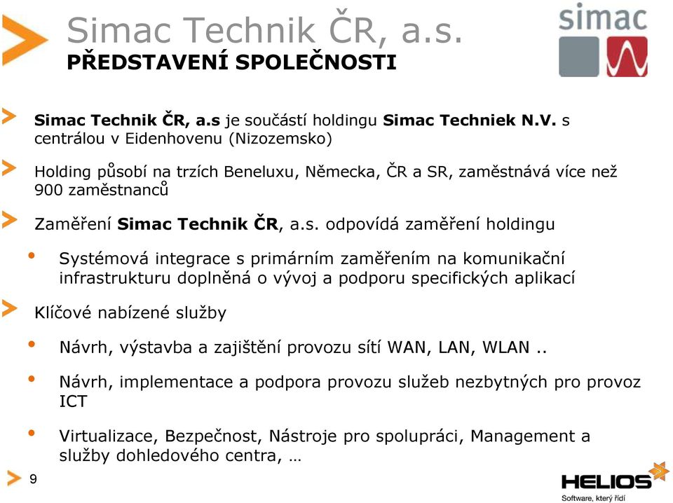 s centrálou v Eidenhovenu (Nizozemsko) Holding působí na trzích Beneluxu, Německa, ČR a SR, zaměstnává více než 900 zaměstnanců Zaměření Simac Technik ČR, a.s.