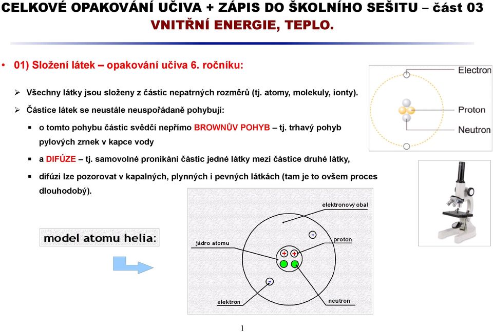 Částice látek se neustále neuspořádaně pohybují: o tomto pohybu částic svědčí nepřímo BROWNŮV POHYB tj.