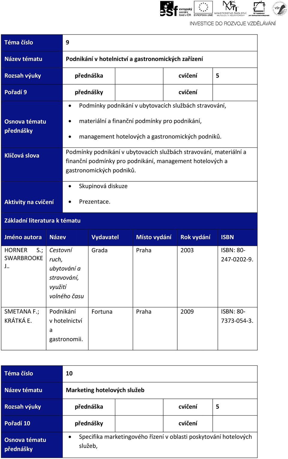 Podmínky podnikání v ubytovacích službách materiální a finanční podmínky  Aktivity na volného času SMETANA F.; KRÁTKÁ E.