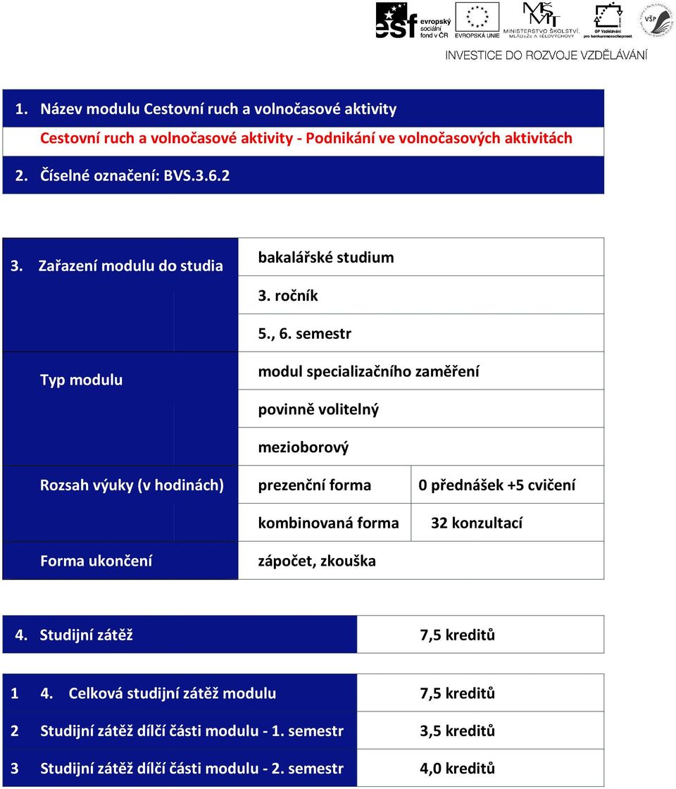 semestr Typ modulu modul specializačního zaměření povinně volitelný mezioborový (v hodinách) prezenční forma 0 přednášek + kombinovaná forma 32