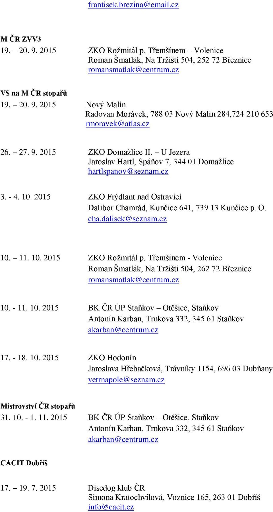 2015 ZKO Frýdlant nad Ostravicí Dalibor Chamrád, Kunčice 641, 739 13 Kunčice p. O. cha.dalisek@seznam.cz 10. 11. 10. 2015 ZKO Rožmitál p. Třemšínem - Volenice 10. - 11. 10. 2015 BK ČR ÚP Staňkov Otěšice, Staňkov 17.